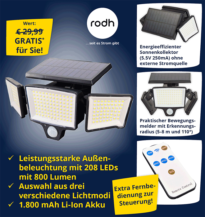 Kein Bild? Jetzt oben Link zu Darstellungsproblemen klicken! - GRATIS Rodh Solarleuchte für Sie